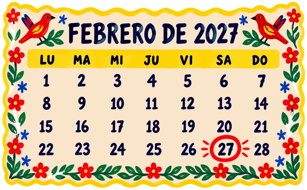 Calendario de febrero de 2027 con el sábado 27 marcado