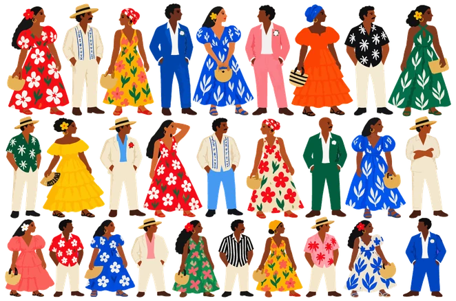 Ilustración de invitados vestidos con ropa tropical y colorida